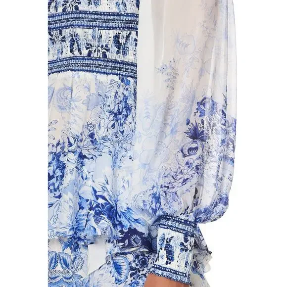 Camilla Silk Blouse Puff Sleeve Blue Floral Women’s Medium - Picture 3 of 10